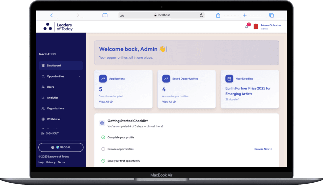 The Leaders of Today platform dashboard, shown on a laptop